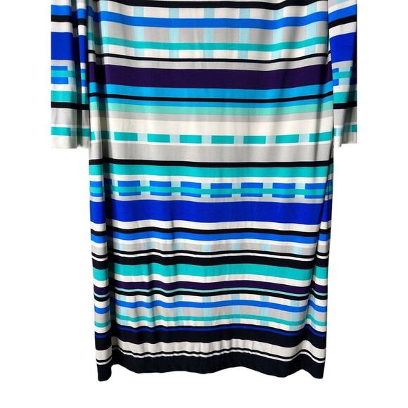 Eliza J Dress Size 14 Blue White Geometric Striped 3/4 Sleeve Knit Casual Shift - Picture 3 of 13